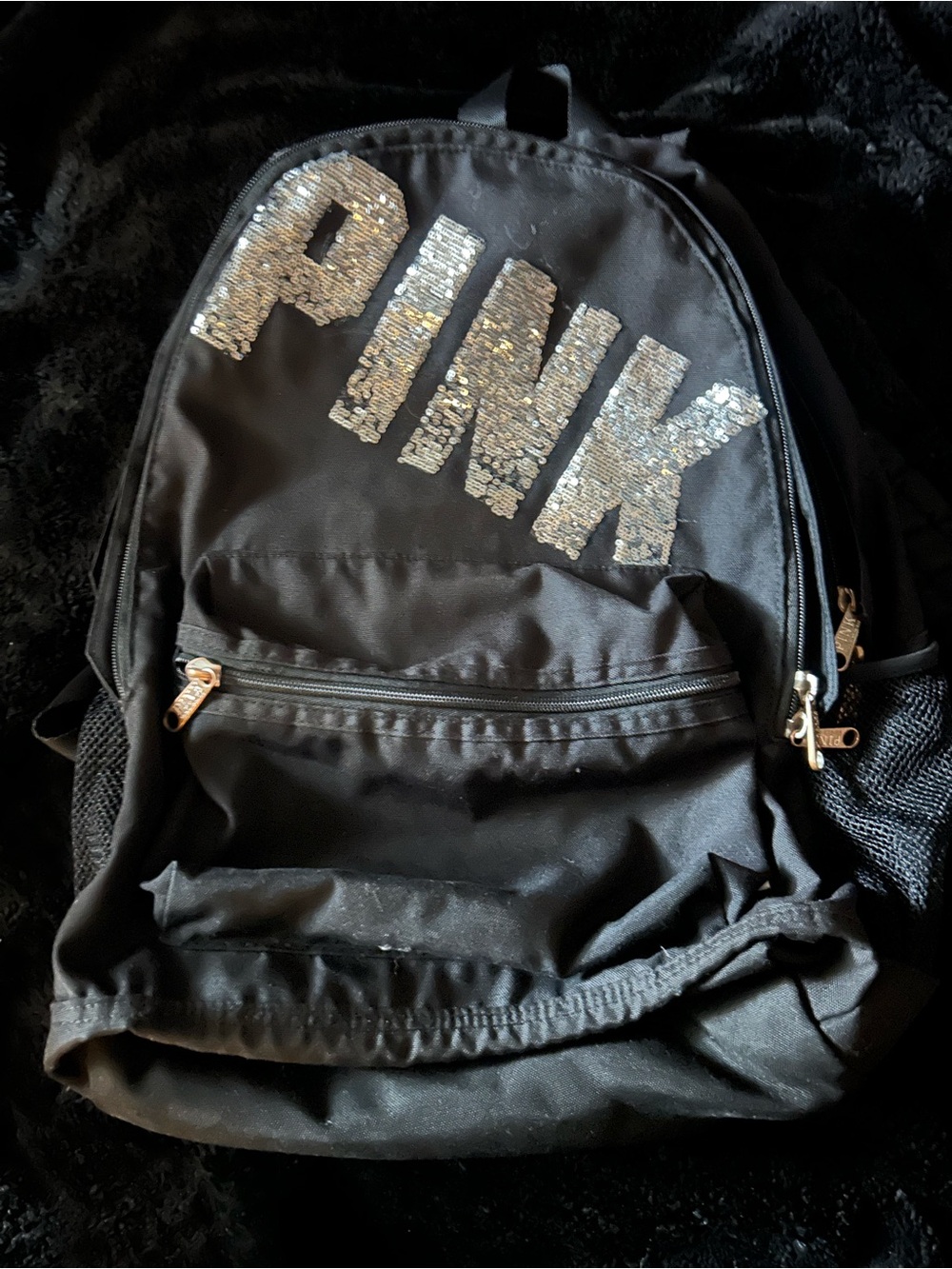 PINK Victoria's Secret Black Backpack with Silver Sequin Logo